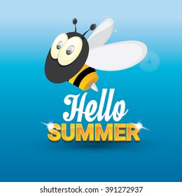 Hello summer vector background with sunny sky and baby bee flying. kids background with funny cartoons bee