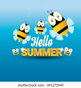 Hello summer vector background with sunny sky and baby bee flying. kids background with funny cartoons bee