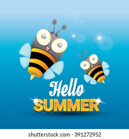Hello summer vector background with sunny sky and baby bee flying. kids background with funny cartoons bee