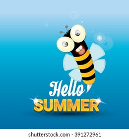 Hello summer vector background with sunny sky and baby bee flying. kids background with funny cartoons bee