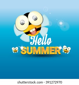 Hello summer vector background with sunny sky and baby bee flying. kids background with funny cartoons bee