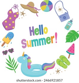 Hello Summer vector background template. Greeting "Hello, summer" with colorful beach elements in the form of a hat,ice cream, swimsuit,starfish, sunglasses,unicorn,camera, slippers. Banner,background