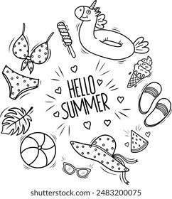 Hello Summer vector background template. Hello Summer greeting with black and white beach elements in the form of ice cream, swimsuit, starfish, sunglasses, swimming circle, ball, slippers.Banner