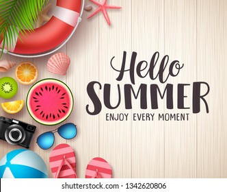 Hello summer vector background. Summer text in wood textured background with colorful beach elements like tropical fruits,beach ball and seashells. Vector illustration.
