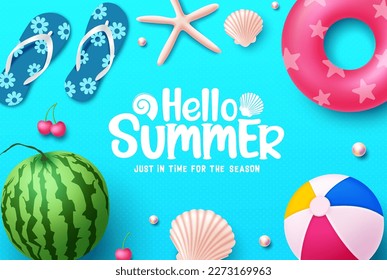 Hello summer vector background. Hello summer text with beach elements like watermelon, floater and beach ball. Vector illustration summer holiday background.
