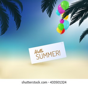 Hello summer vector background with text bubble hung by balloons. Vector EPS10.