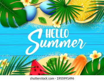 Hello summer vector banner background. Hello summer text with elements like plants, sunglasses and fruits for relax tropical season nature design. Vector illustration
