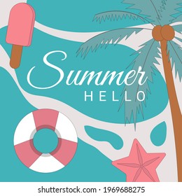 Hello summer vector banner with beach elements and text typography. Vector illustration.