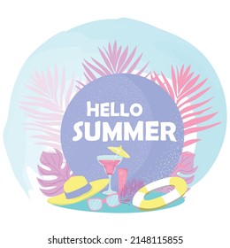 Hello summer. Vector banner with a beach items
