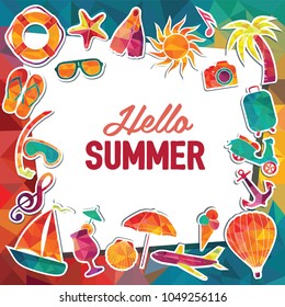 Hello summer vector banner design. Travel and tourism background.  Colorful beach elements. Vector illustration