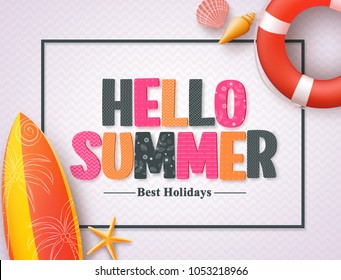 Hello summer vector banner design template with pattern 3D colorful text and beach elements in a white pattern background and boarder. Vector illustration.
