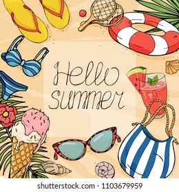 Hello summer vector banner design. Beach holidays and summer food. Colorful beach items in the style of the sketch. Vector illustration