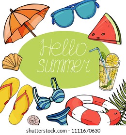 Hello summer vector banner design. Beach holidays and summer food. Colorful beach items in the style of the sketch. Vector illustration