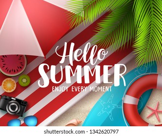 Hello summer vector banner design. Hello summer text with colorful beach elements like surfboard, lifebuoy and beach umbrella under coconut tree. Vector illustration.
