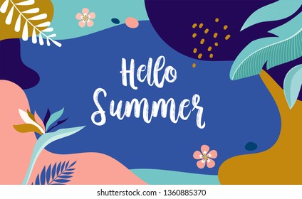 Hello Summer, vector banner design with tropical leaves
