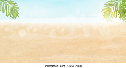 Hello summer vector banner design vacation concept. Poster Landscape Seashore Resort View with Beach, shiny ocean, sea water with bright sun, tropical Palm leaves. Summer vacation holiday, traveling.