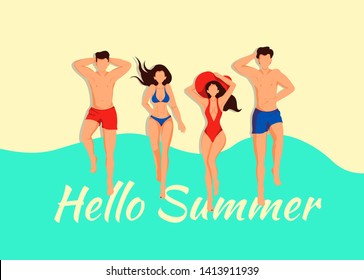 "Hello Summer" vector banner design. Young people sunbathing on the beach. Can be used in postcard, poster, banner, cover, flyer.
