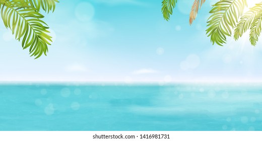 Hello summer vector banner design vacation concept. Poster Landscape Seashore Resort View with shiny ocean, sea water with bright sun, tropical Palm leaves. Summer vacation holiday, traveling.
