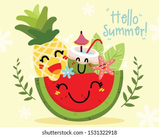 Hello Summer vector banner design with colorful fruits