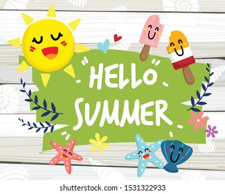 Hello Summer vector banner design with colorful fruits