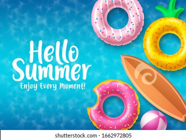 Hello summer vector banner design. Colorful summer beach floaters with hello summer text and beach elements like surfboard and beach ball in top view background. Vector illustration