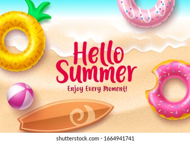 Hello summer vector banner design. Hello summer text with colorful beach elements like floating donuts and pineapple floaters in seaside top view background design for holiday season. Vector