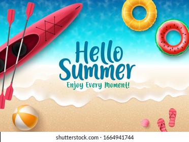 Hello summer vector banner design. Hello summer text with colorful beach elements like beach ball, flipflop, floaters and kayak in seaside background for holiday seasonal purposes. Vector illustration