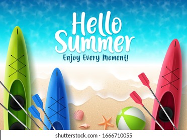 Hello summer vector banner design. Hello summer text with colorful kayak boat and beach elements like beach ball and seashells in seaside top view background. Vector illustration