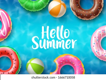 Hello summer vector banner design. Hello summer text with floating summer beach elements like colorful donuts floaters and beach ball in top view background for holiday season. Vector illustration