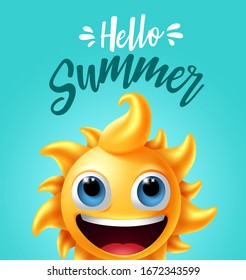 Hello summer vector banner design. Hello summer text with sun character in naughty facial expression for tropical season design in green background. Vector illustration.