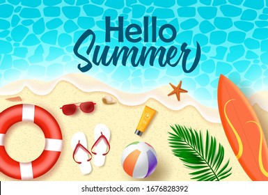 Hello summer vector banner design. Hello summer text in sea water with beach element like surf board, lifebuoy, sunscreen, beach ball, and sunglasses in seaside background for holiday season.