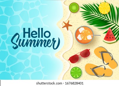 Hello summer vector banner design. Hello summer text in sea water with tropical fruits refreshment and beach element like fresh orange juice, water melon, flip flop, sunglasses, and palm leaves in sea