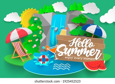 Hello summer vector banner design. Hello summer text in paper cut nature forest background with waterfall, drinks and chair elements for relax outdoor tropical season vacation. Vector illustration