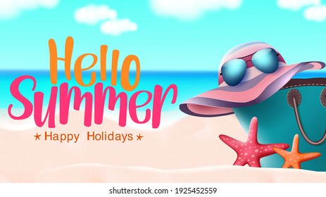 Hola diseño de banner vectorial de verano. Hola verano feliz texto de vacaciones con sombrero, gafas de sol, bolsa y elemento de estrella en el fondo de la playa para vacaciones de viaje. Ilustración del vector 