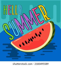 Hello summer vector banner design with white circle for text and colorful beach elements in white background. Vector illustration.
