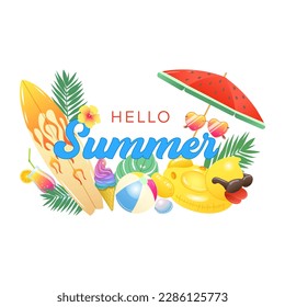 Hello summer vector banner design with colorful beach elements and summer accessories. Vector illustration.