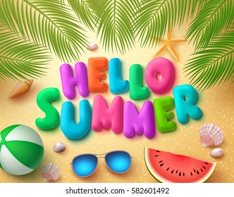 Hello summer vector banner design in beach sand background with colorful summer elements and text under palm leaves. Vector illustration.
