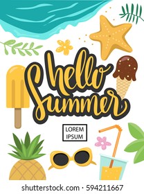 Hello summer vector banner design.  Vector illustration