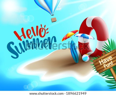 Hello summer vector banner design. Hello summer text in island beach background with lifebuoy, umbrella, surfboard and beach ball elements for tropical season vacation. Vector illustration      