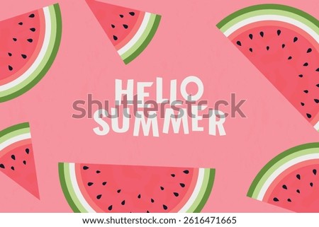 Hello summer - vector banner with juicy watermelon slices on pink background.