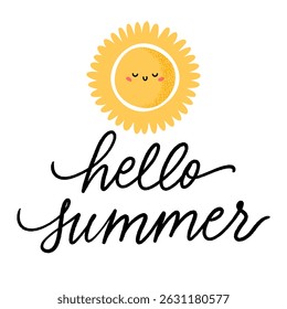 Hello summer. Vector banner with sun and handwritten text, in flat style isolated on white background