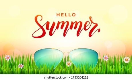 Hello Summer. Vector banner. Sunglasses in green grass. Template for greeting card, invitation