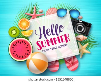 Hello summer vector banner template. Hello summer text in white space boarder with colorful beach elements like tropical fruits a beach ball in blue wood textured background. Vector illustration.
