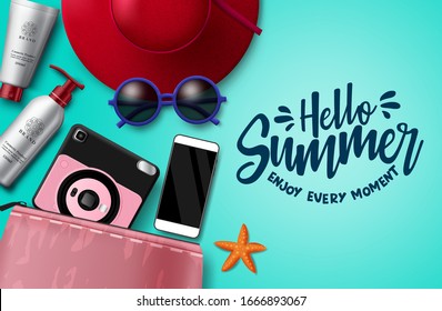 Hello summer vector banner template. Hello summer text with beach travel element like hat, sunglasses, camera, mobile phone, pouch, lotion and sunscreen in green background for holiday season.