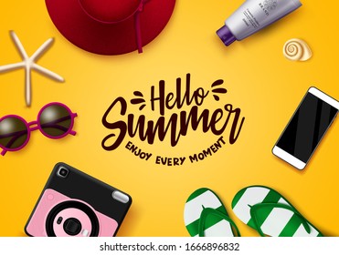 Hello summer vector banner template. Hello summer text with beach travel elements like camera, hat, mobile phone, sunscreen, sunglasses and flip flop in yellow background. Vector illustration.
