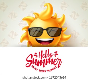 Hello summer vector banner template. Hello summer enjoy every moment text in white space with sun character smiling and wearing sunglasses element. Vector illustration.