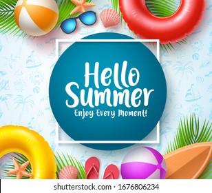 Hello summer vector banner template. Hello summer typography in blue circle space for text with beach elements like floaters, flip flop, beach ball and palm tree in white pattern background. Vector 