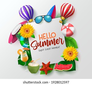 Hello summer vector banner template. Hello summer enjoy every moment text in white space with beach elements like beach ball, sunglasses, floater and umbrella for tropical season background.
