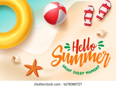 Hello summer vector banner. Hello summer text in beach seaside background design with beach elements like beach ball, floater, flip flop and starfish for holiday season. Vector illustration.