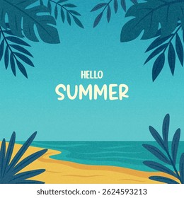 Hello Summer. Vector Beach Illustration with Tropical Leaves, Sea and Sand. Flat Cartoon Vector Background for Seasonal Poster, Travel Banner, Holiday Card, Vacation Concept, Summer Greeting Design